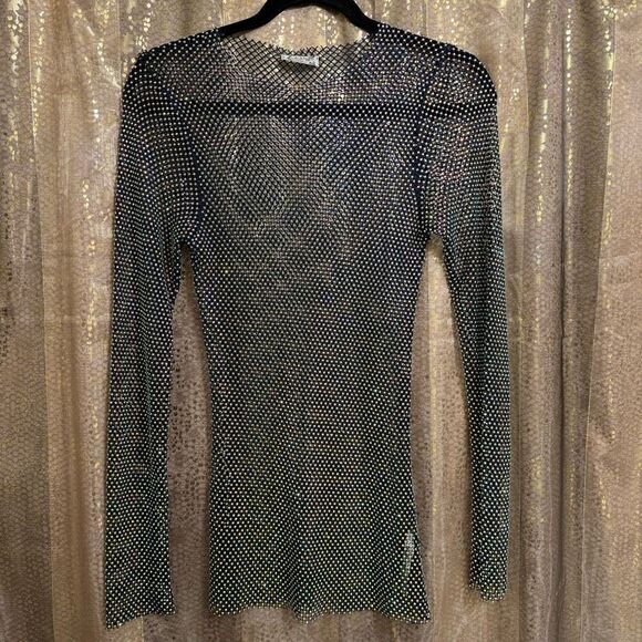 Free People Filter Finish Navy Blue Iridescent Rhinestone Mesh Top XS NWOT - Picture 1 of 9